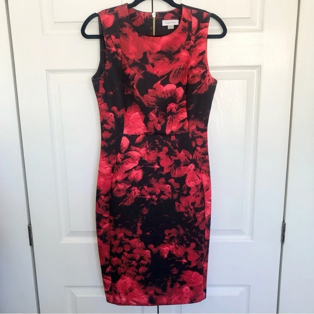 Black and Red Floral Calvin Klein Sheath Dress Size 6